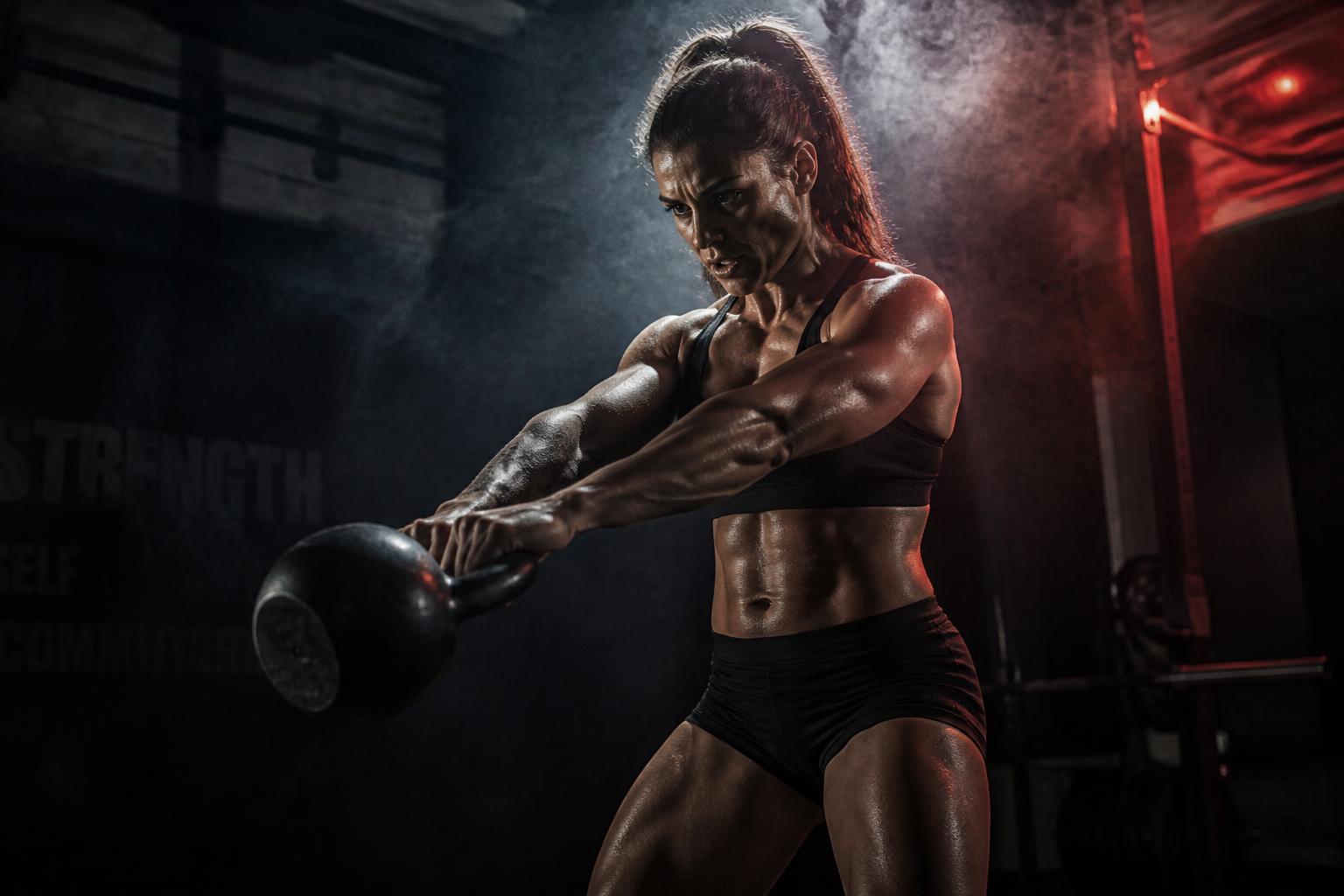 Athlete performing a kettlebell swing in a steamy industrial gym